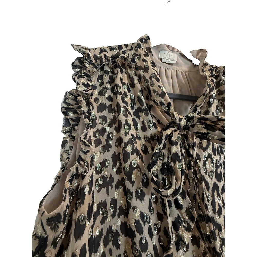 Kate Spade Metallic Leopard Clip Dot Peplum Blouse Silk Bow Tie Tank Top L - Picture 6 of 15